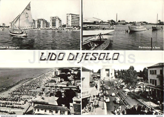 Lido di Jesolo - Vele e Alberghi - Porticciolo e faro - Veduta panoramica - boat multiview - 48098 - 1963 - Italy - used - JH Postcards