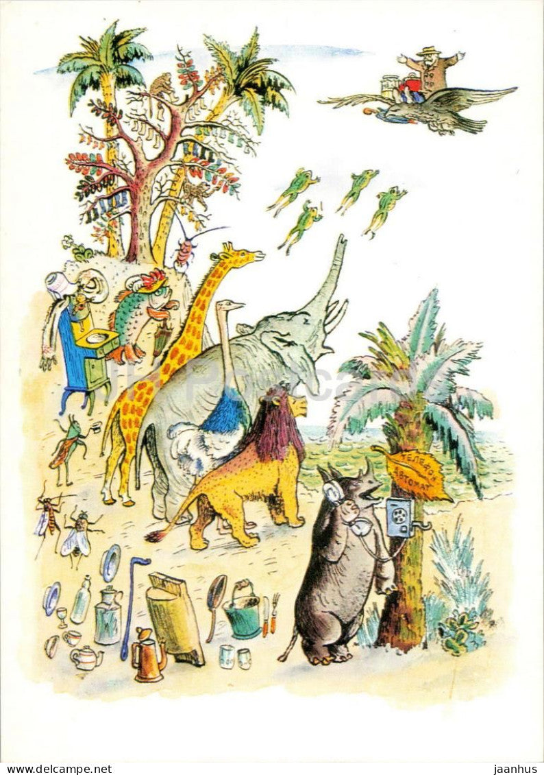 elephant - giraffe - lion - rhino Doctor Aibolit - Fairy Tale by Chukovsky - illustration - 1969 - Russia USSR - unused - JH Postcards