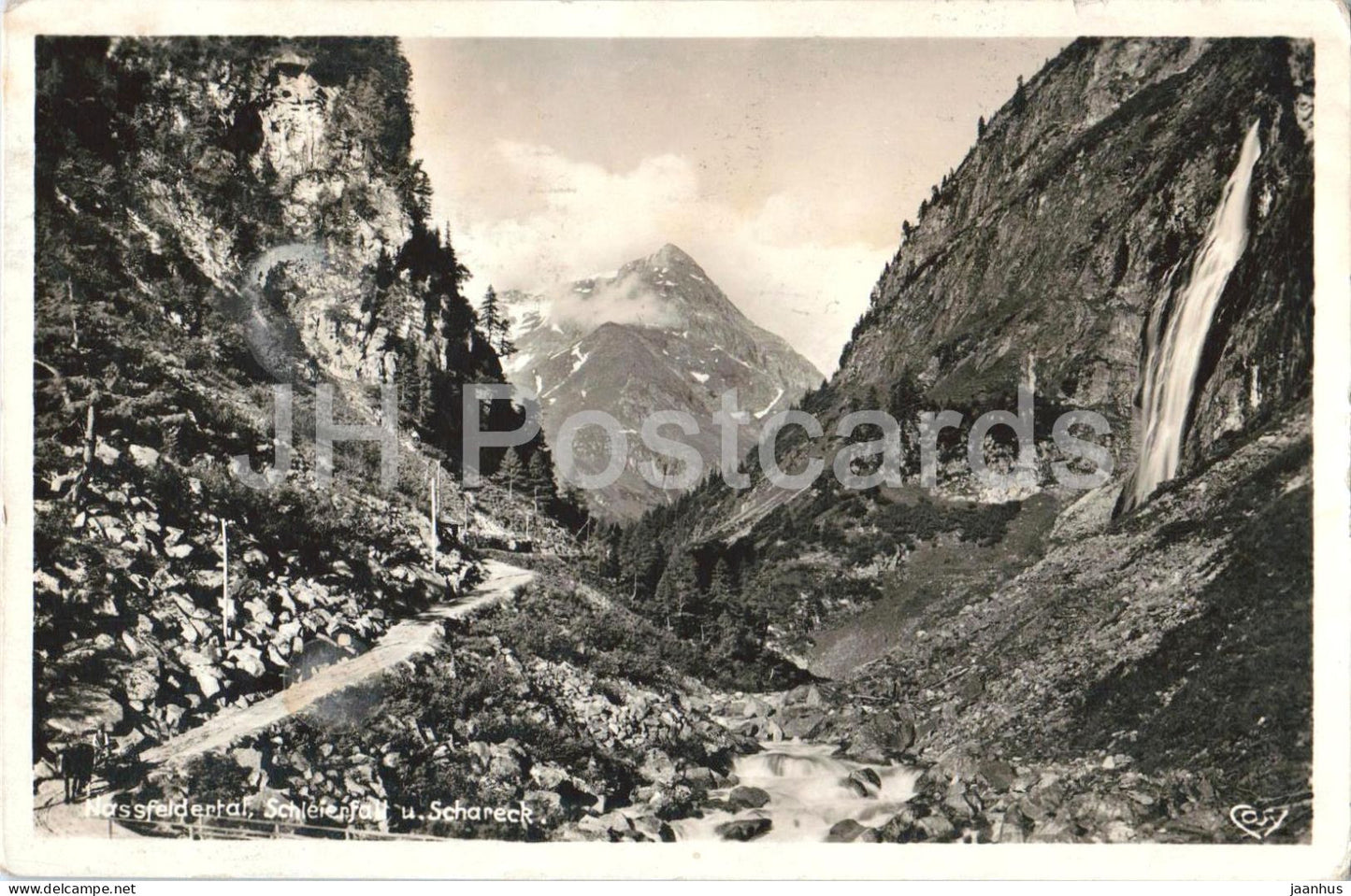 Nassfeldertal - Schleierfall u. Schareck - Alpine waterfall and mountains - 758 - old postcard - 1933 - Austria - used - JH Postcards