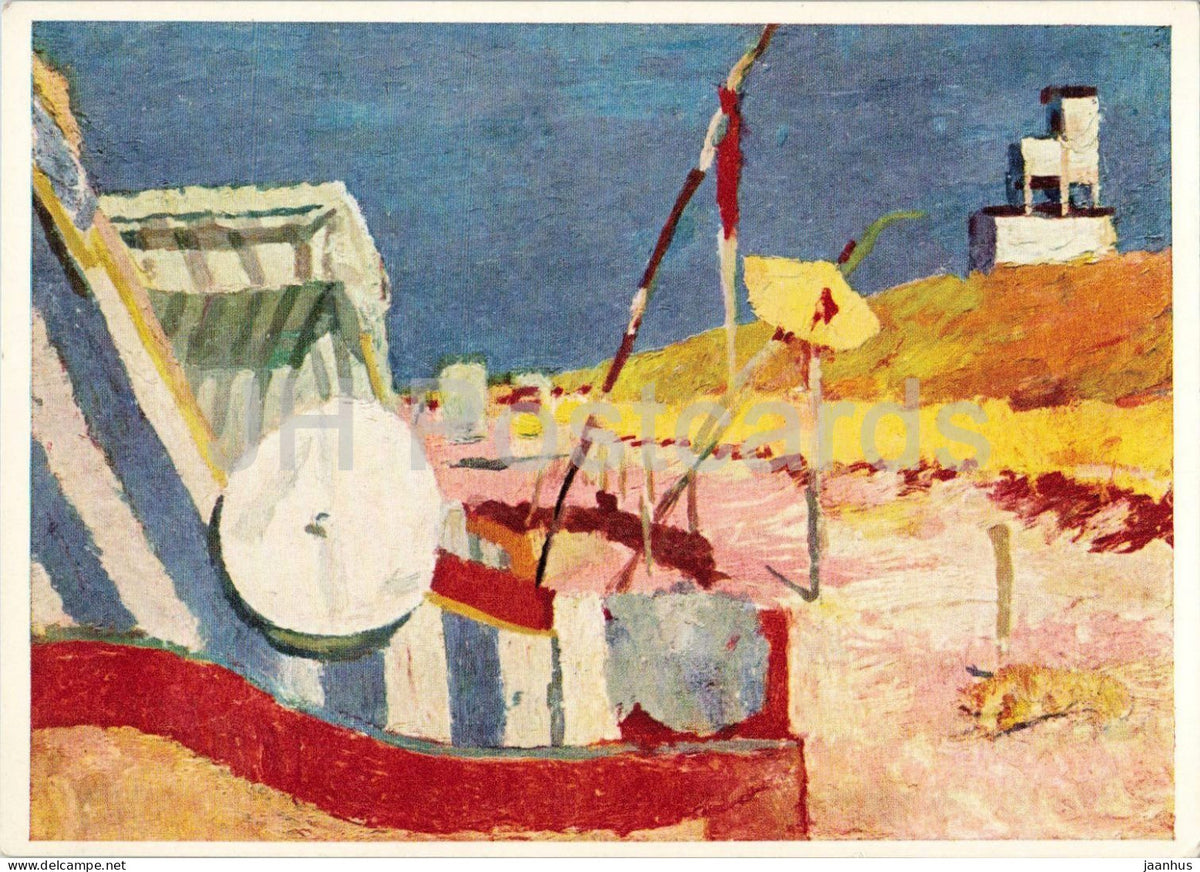 painting by Bernhard Kretzschmar - Beach Chair with Cap - Strandkorb mit Mutze - German art 1964 - Germany DDR - unused - JH Postcards