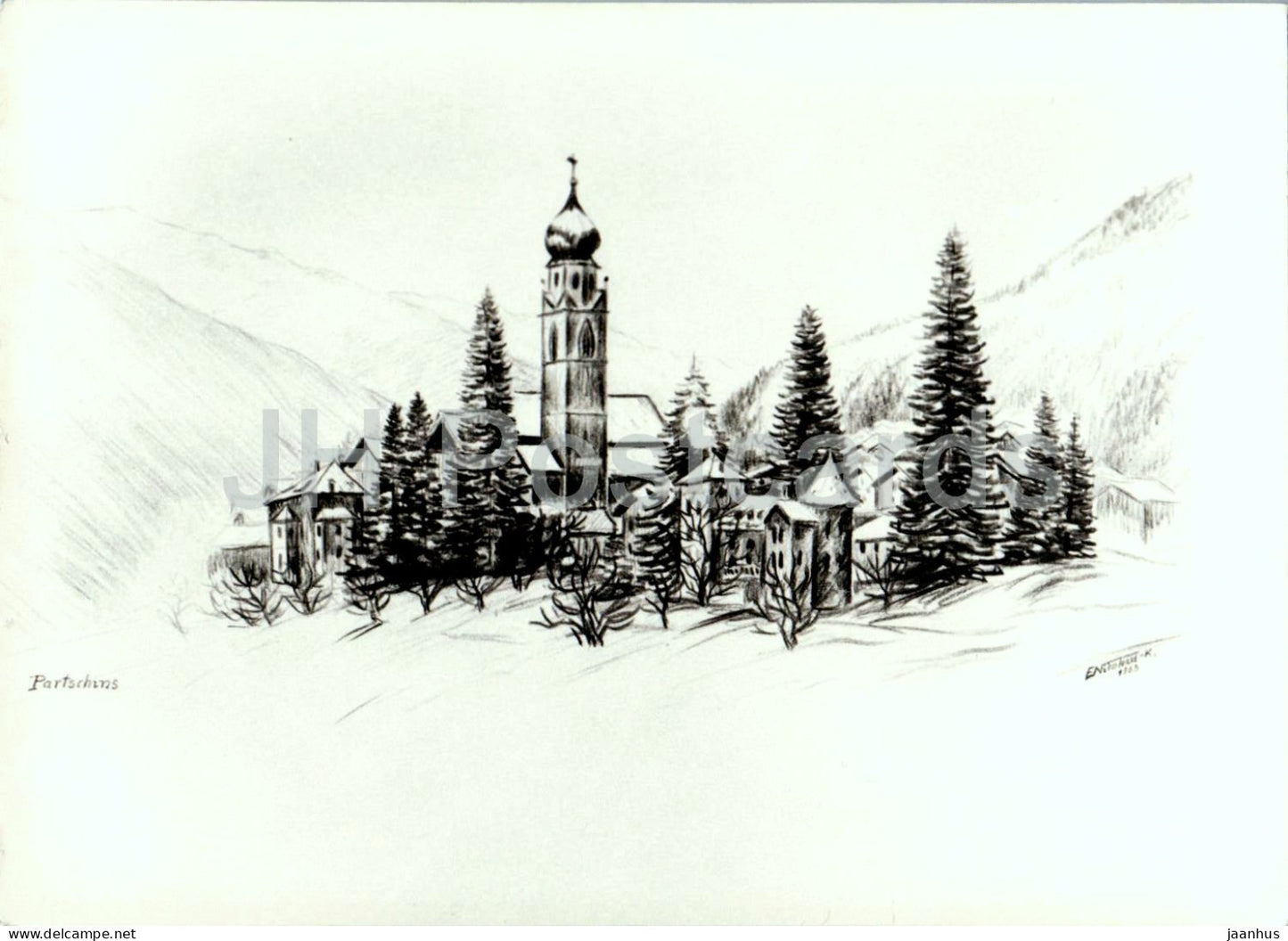 drawing by Nikolussi - illustration - Partschins in winter - South Tyrol - church - 1963 - Italy - unused - JH Postcards