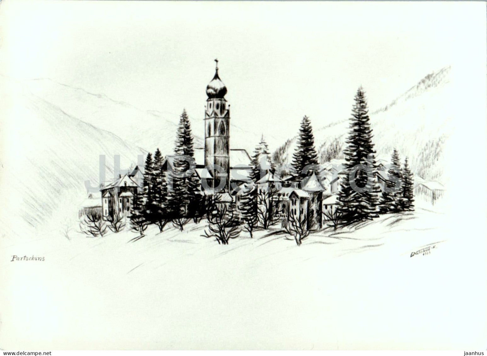 drawing by Nikolussi - illustration - Partschins in winter - South Tyrol - church - 1963 - Italy - unused - JH Postcards