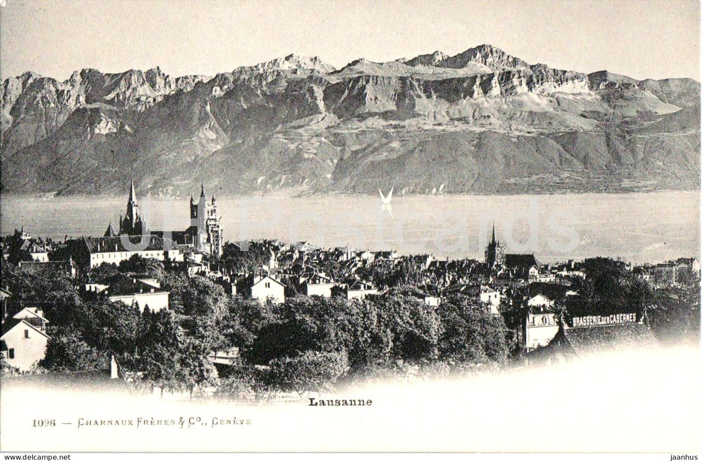 Lausanne - city view with cathedral - Lake Leman and mountains - 1096 - old postcard - Switzerland - unused - JH Postcards