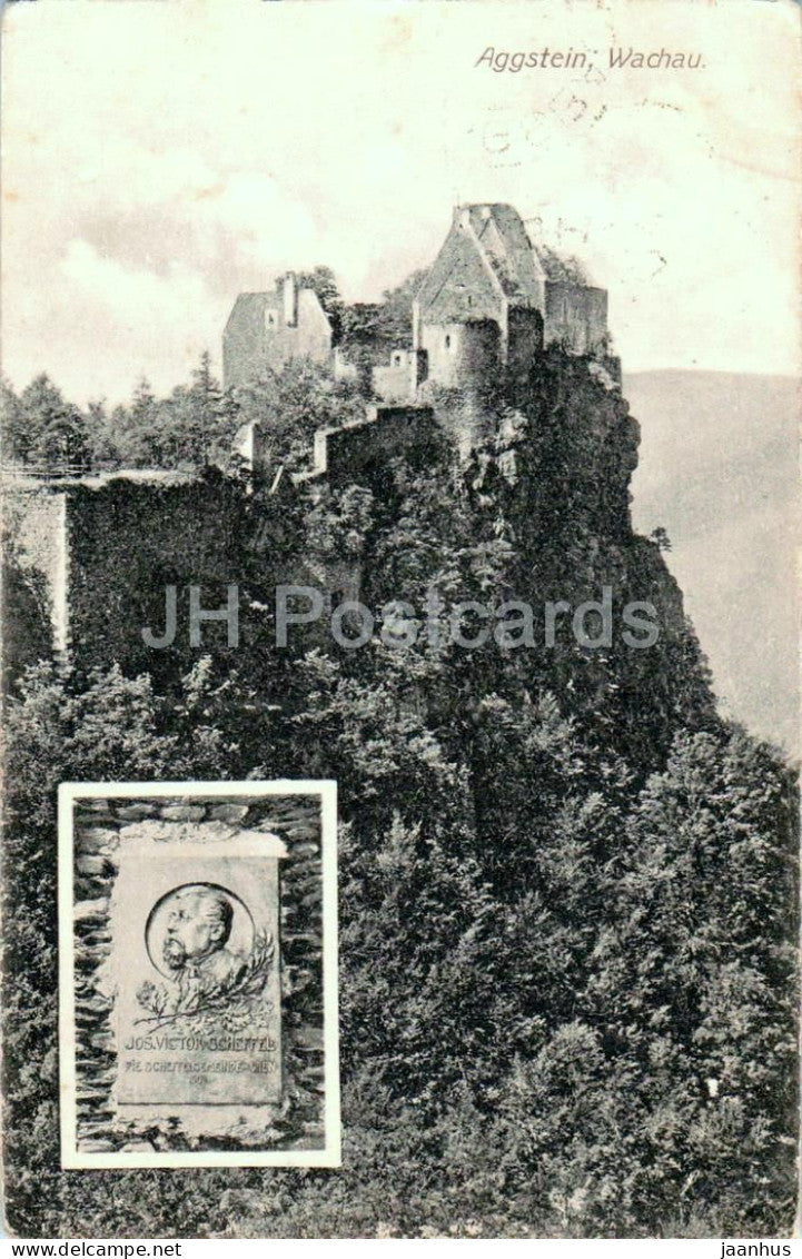 Aggstein - Wachau - castle ruins with monument of Joseph Victor von Scheffel 4491 old postcard - 1910s - Austria - used - JH Postcards