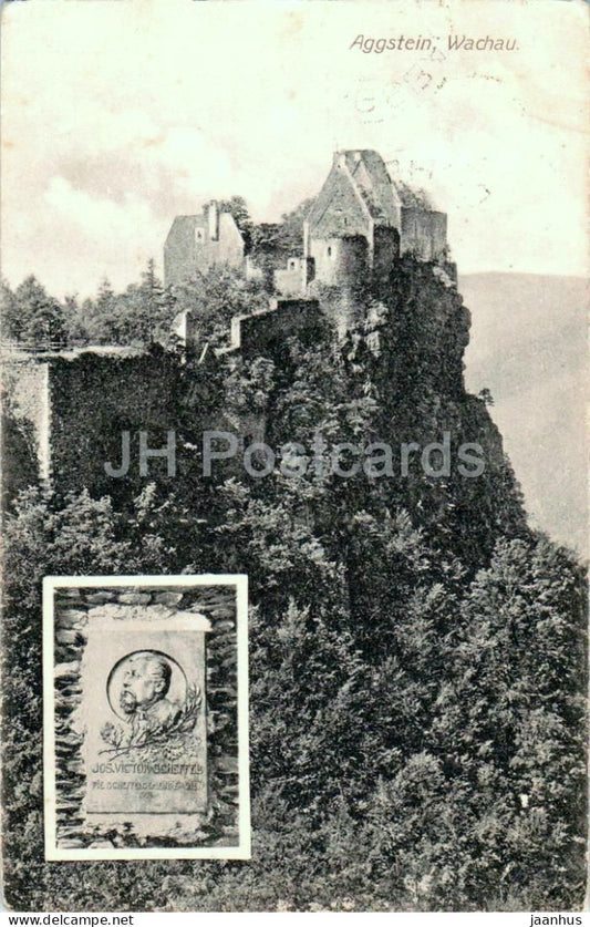 Aggstein - Wachau - castle ruins with monument of Joseph Victor von Scheffel 4491 old postcard - 1910s - Austria - used - JH Postcards