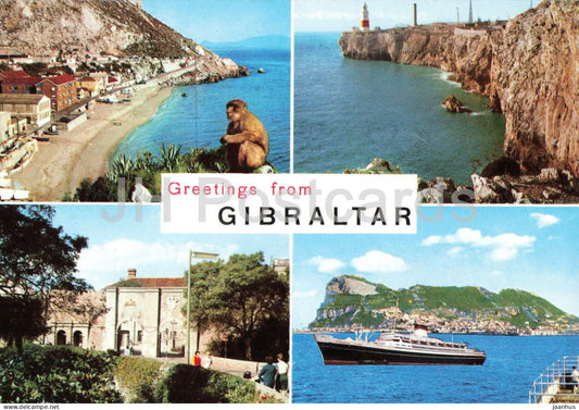 Greetings from Gibraltar - beach - bay - lighthouse - monkey - cruise ship - multiview - 14 - Gibraltar - unused - JH Postcards