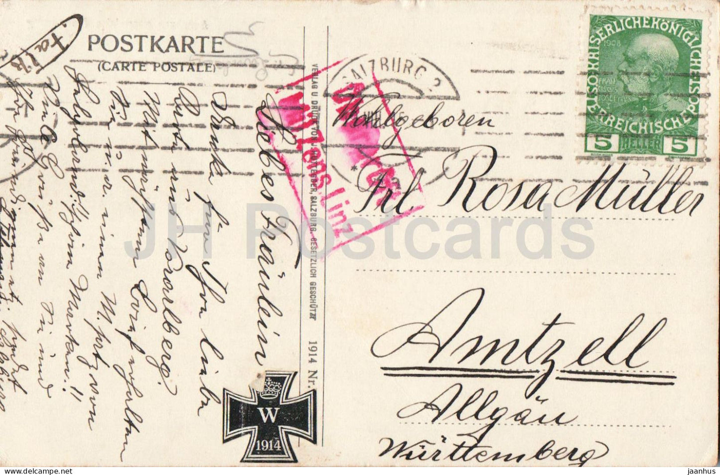 Salzburg gegen den Untersberg - city view - Mil Zens Linz - censored - old postcard - 1915 - Austria - used
