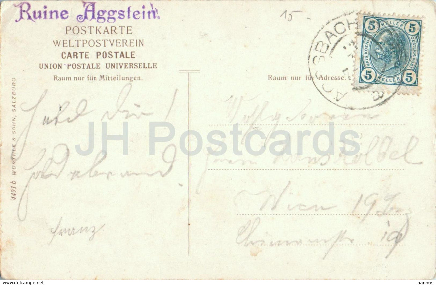 Aggstein - Wachau - castle ruins with monument of Joseph Victor von Scheffel 4491 old postcard - 1910s - Austria - used