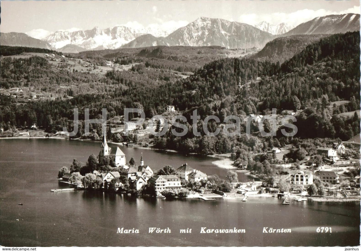 Maria Worth mit Karawanken - Karnten - village - lake - mountain panorama - 6791 - old postcard - Austria - unused - JH Postcards