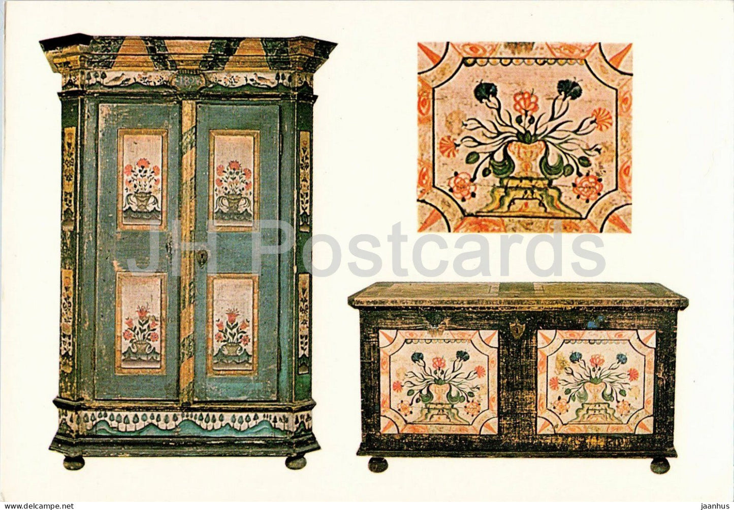 painted wardrobe and chest 1827 - Sumava folk furniture - Czech folk art - 1970s - Czechoslovakia - unused - JH Postcards