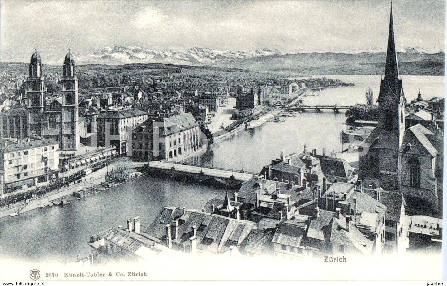 Zurich - city view with Limmat bridge and Grossmunster - 2870 - old postcard - Switzerland - unused - JH Postcards