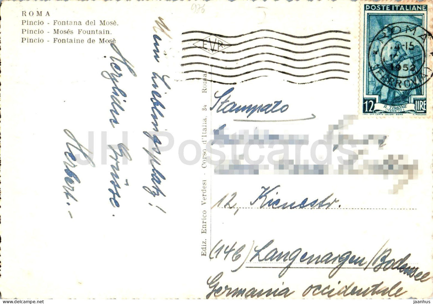 Roma - Rome - Pincio - Fontana del Mose - Moses Fountain - old postcard - 1952 - Italy - used
