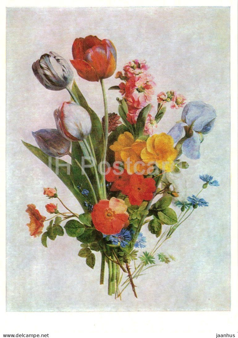 painting by Antoine Berjon - Flowers on White Background - Blumen auf weissem Grund - French art - Germany DDR - unused - JH Postcards