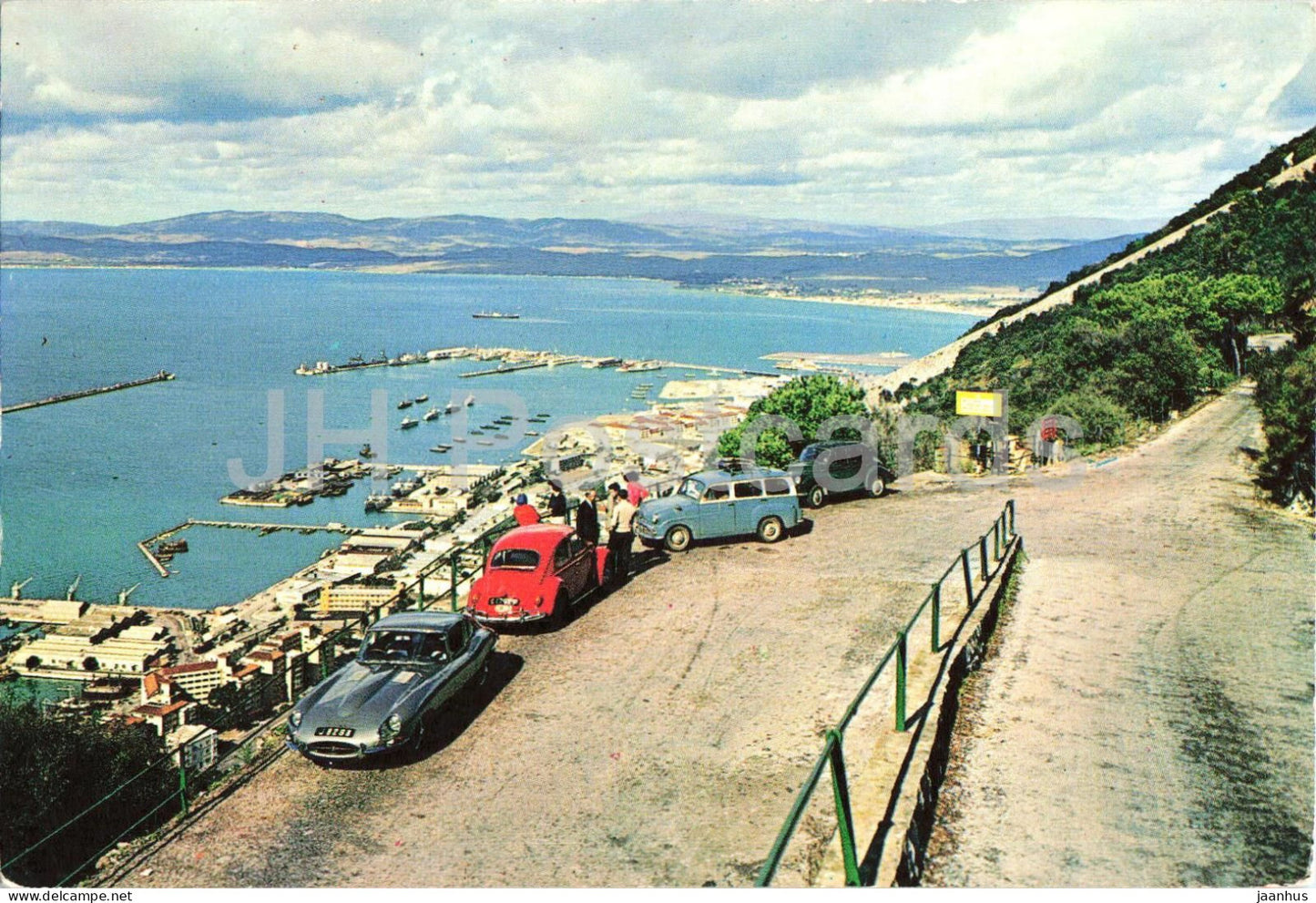 Gibraltar - View of Town & Harbour - panorama - bay - car Volkswagen Beetle - Jaguar E-Type - P118 - Gibraltar - unused - JH Postcards