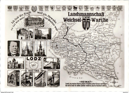 Lodz - Landsmannschaft Weichsel Warthe - historical map - 1004 - old postcard - Poland - unused - JH Postcards
