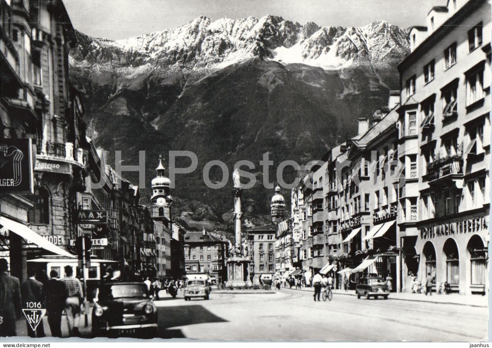 Innsbruck - Maria Theresienstrasse mit Annasaule gegen die Nordkette - old car - 1016 - old postcard - Austria - unused - JH Postcards