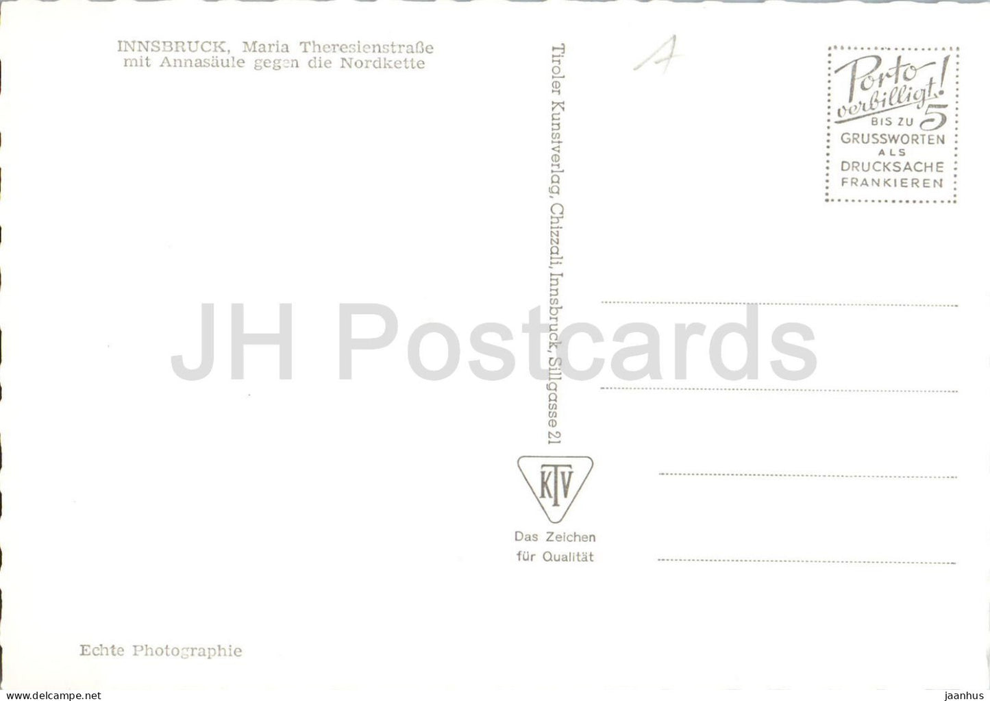 Innsbruck - Maria Theresienstraße mit Annasäule gegen die Nordkette - altes Auto - 1016 - alte Postkarte - Österreich - unbenutzt 