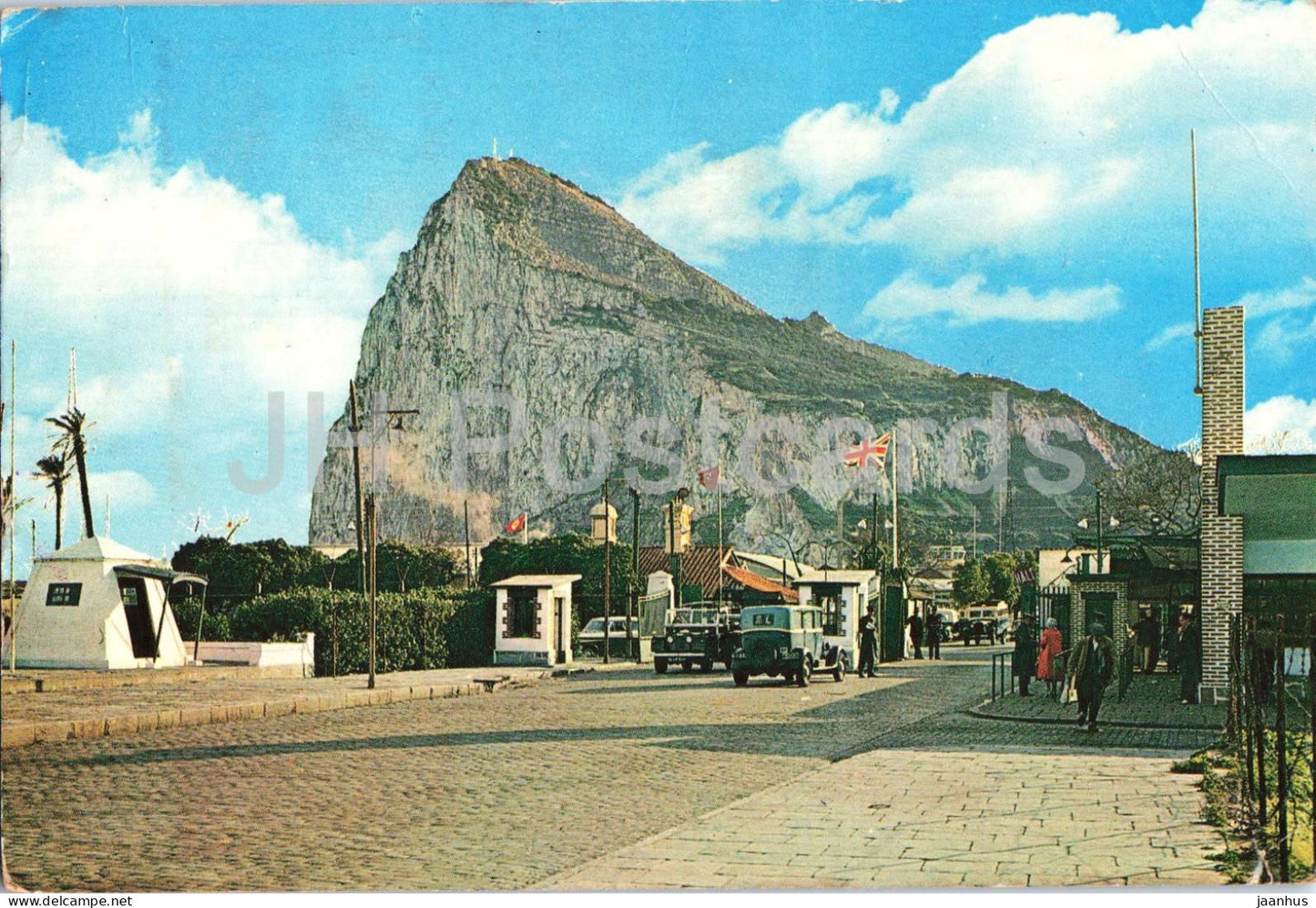 Gibraltar - British and Spanish border checkpoint - rock - street scene - flag - car - P 59 - 1967 - Gibraltar - used - JH Postcards