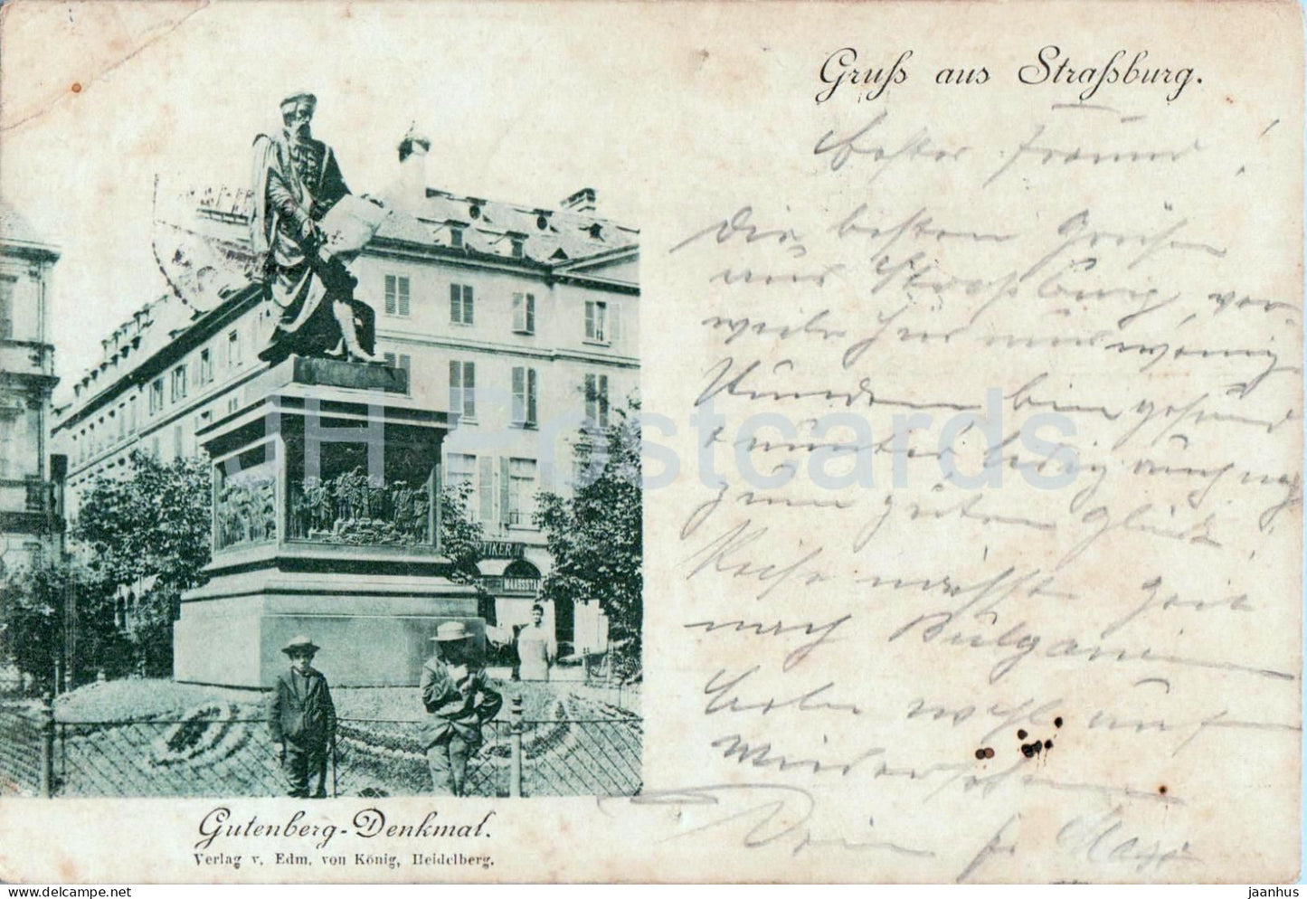 Gruss aus Strassburg - Strasbourg - Gutenberg monument - old postcard - 1897 - Germany - used - JH Postcards