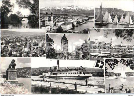 Zurich - city views - lake - steamer - ship - boat - lion monument - multiview old postcard - 1956 - Switzerland - used - JH Postcards