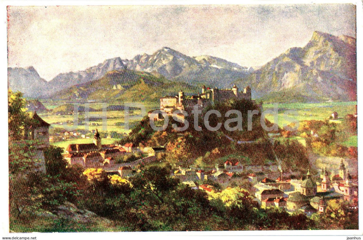 Salzburg vom Kapuzinerberg - illustration by F. Kulstrunk - Panorama - mountains - town view - Austria - used - JH Postcards
