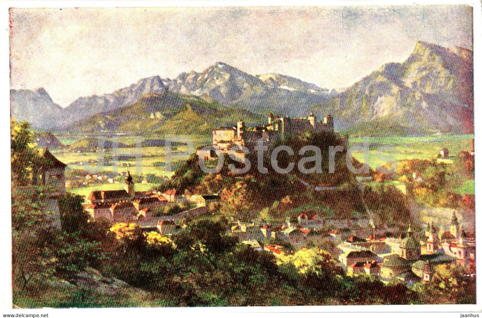 Salzburg vom Kapuzinerberg - illustration by F. Kulstrunk - Panorama - mountains - town view - Austria - used - JH Postcards