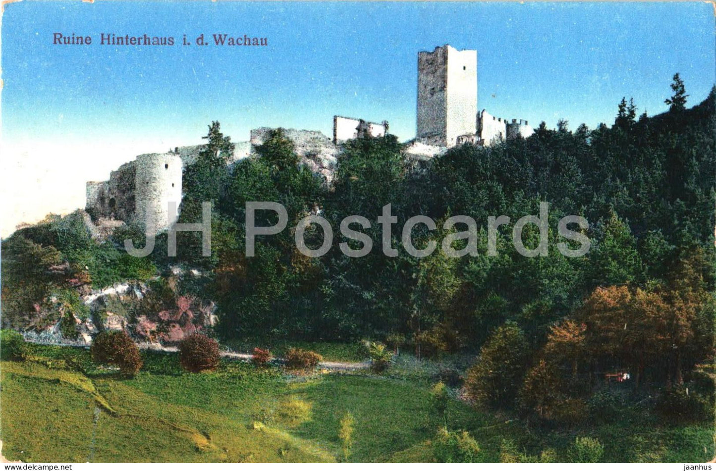 Ruine Hinterhaus i. d. Wachau - castle ruins - hills - old postcard - 1916 - Austria - used - JH Postcards