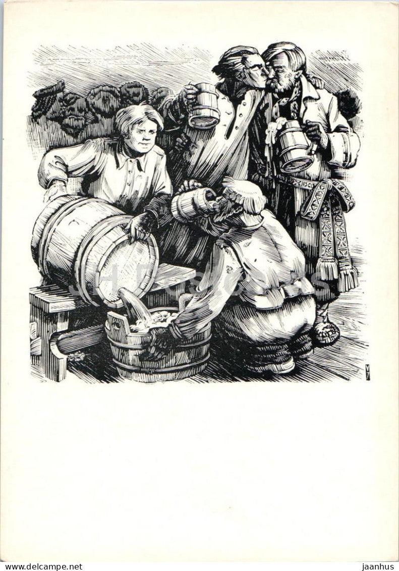 The Seasons by K. Donelaitis - Peasants Feasting with Beer illustration by V. Jurkunas - 1963 - Lithuania USSR - unused - JH Postcards