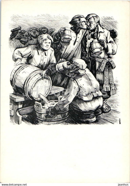 The Seasons by K. Donelaitis - Peasants Feasting with Beer illustration by V. Jurkunas - 1963 - Lithuania USSR - unused - JH Postcards