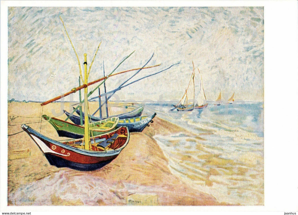 painting by Vincent van Gogh - Fishing Boats on the Beach at Saintes-Maries - boat - Dutch art - Germany DDR - unused - JH Postcards