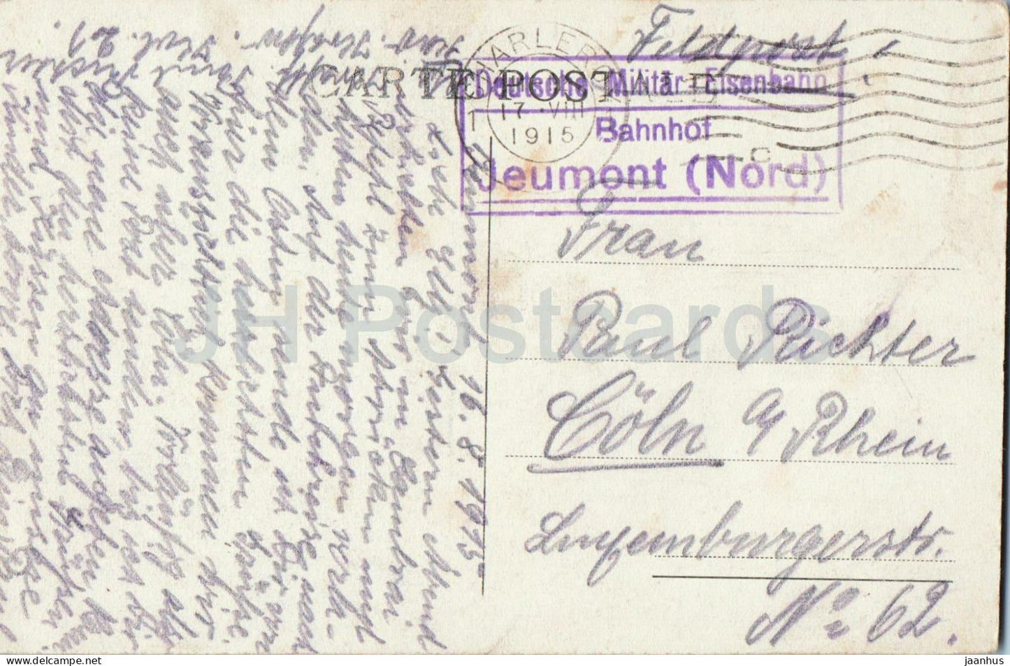 Jeumont - Rue Hector - Depret et Poste - Feldpost - Deutsche Militar Eisenbahn - carte postale ancienne - 1915 - France - occasion 