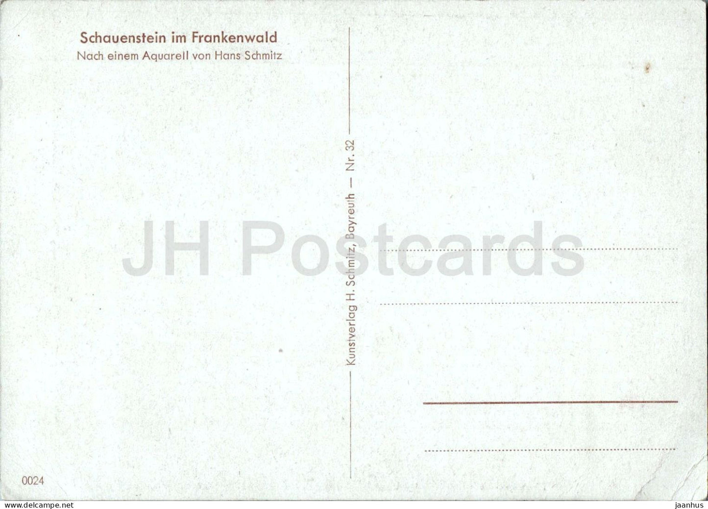 watercolor by Hans Schmitz - Schauenstein im Frankenwald - German art - 32 - old - 1950s - Germany - unused