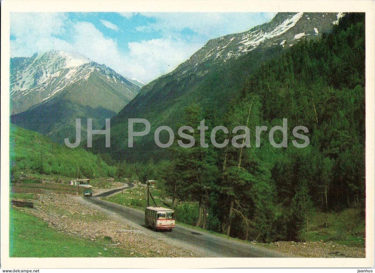 Baksan Gorge - the road to Mount Elbrus - bus LAZ - Caucasus - 1979 - Russia USSR - unused - JH Postcards