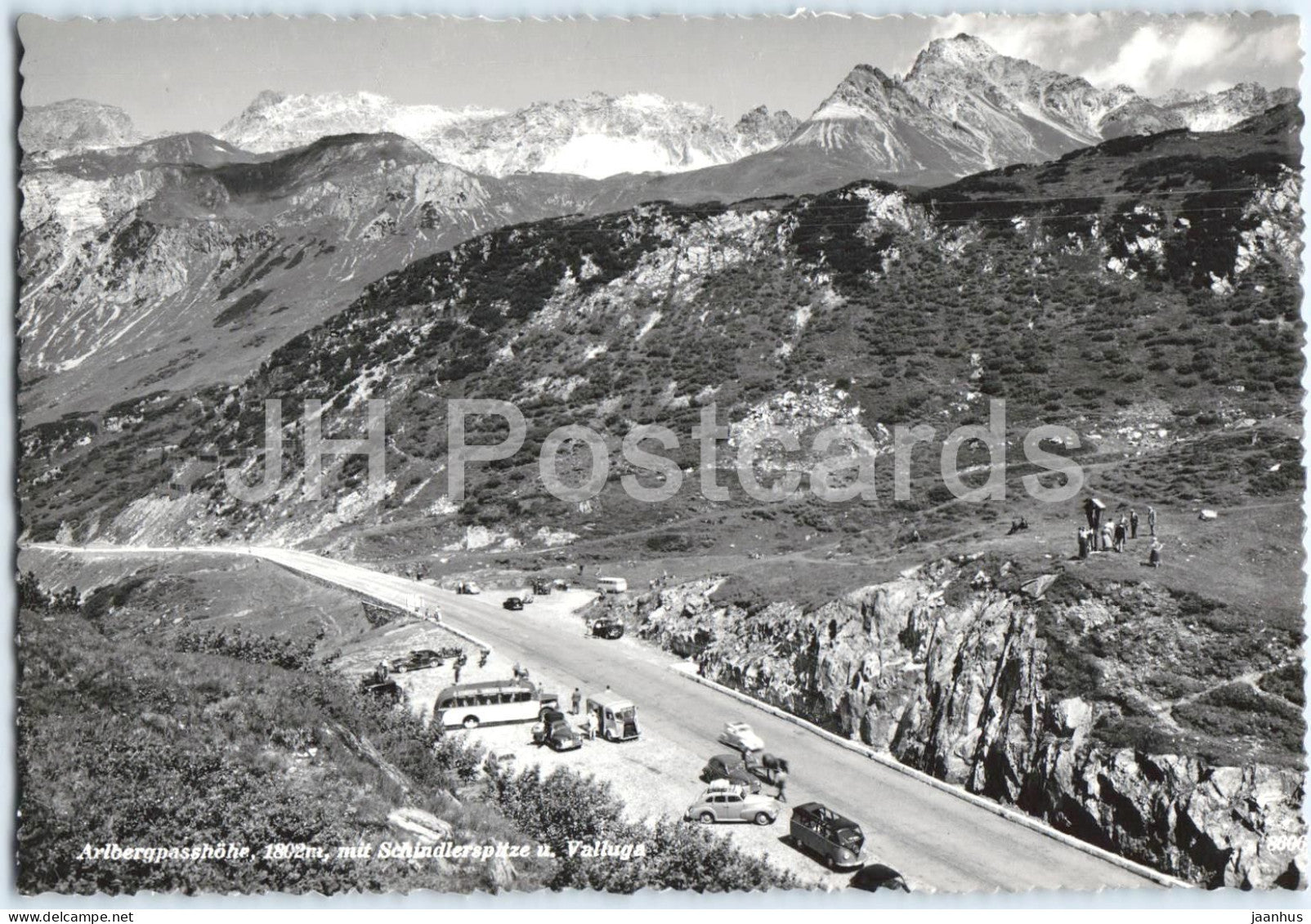 Arlbergpasshohe mit Schindlerspitze u. Valluga - mountain road - bus - car Alps - 8606 - old postcard - Austria - unused - JH Postcards