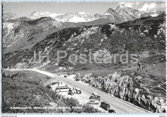 Arlbergpasshohe mit Schindlerspitze u. Valluga - mountain road - bus - car Alps - 8606 - old postcard - Austria - unused - JH Postcards