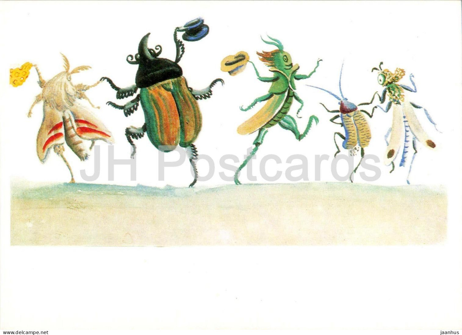 grasshopper - beetle - insects - The Buzzing Fly - Fairy Tale by Chukovsky - illustration - 1969 - Russia USSR - unused - JH Postcards
