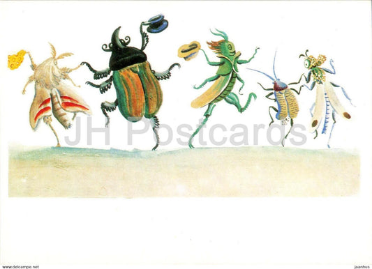 grasshopper - beetle - insects - The Buzzing Fly - Fairy Tale by Chukovsky - illustration - 1969 - Russia USSR - unused - JH Postcards