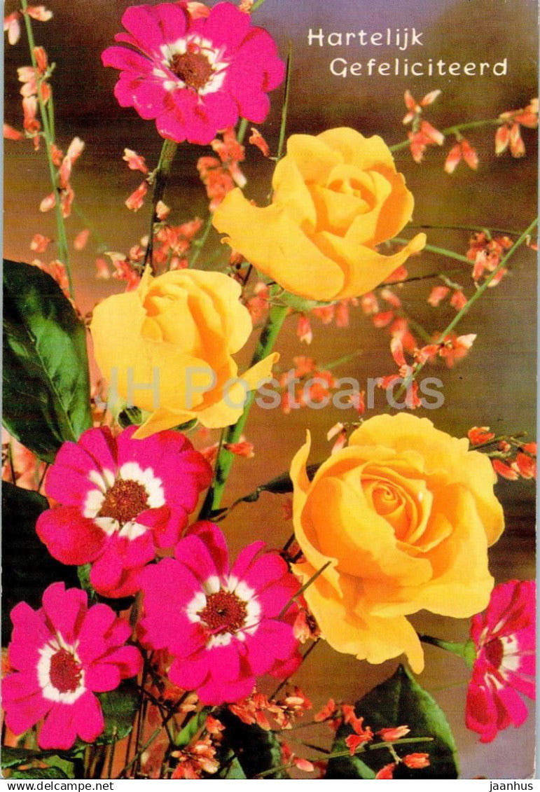 Birthday Greeting Card - Yellow Roses and red flowers - 22-2 - Netherlands - used - JH Postcards