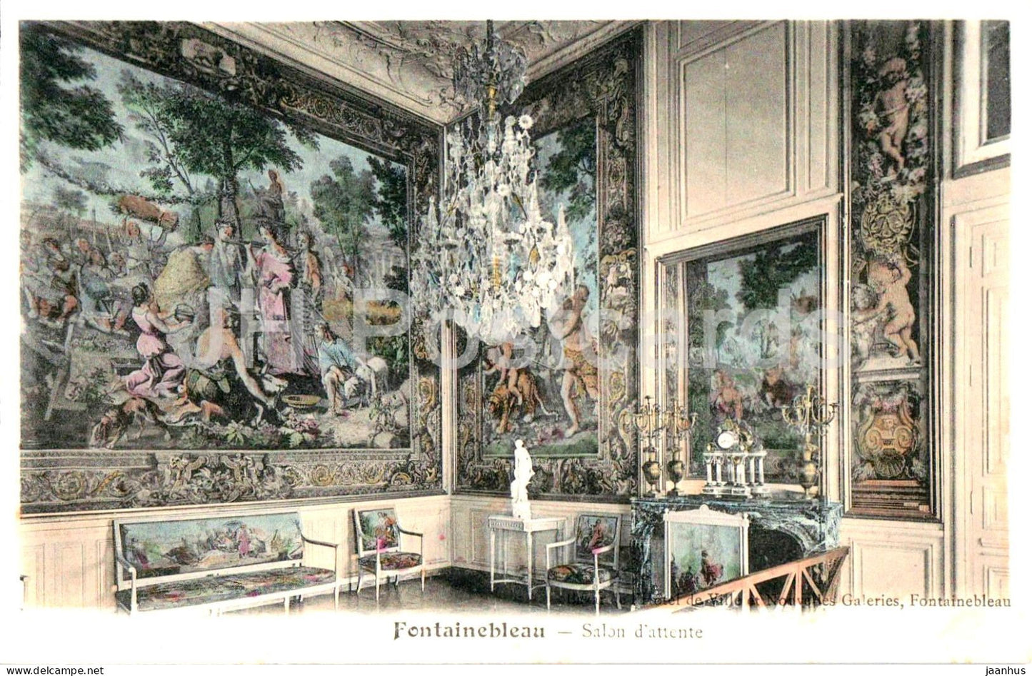 Fontainebleau - Salon d’attente - Waiting Room - ornate interior with chandeliers old postcard - France - unused - JH Postcards