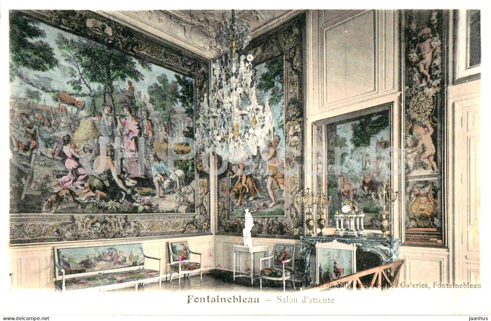 Fontainebleau - Salon d’attente - Waiting Room - ornate interior with chandeliers old postcard - France - unused - JH Postcards