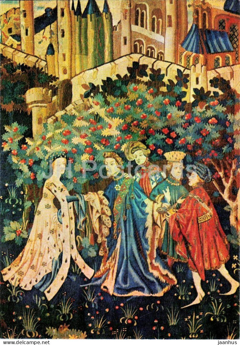 medieval tapestry - The Presentation of the Heart - Musee de Cluny Paris - French art - United Kingdom - used - JH Postcards