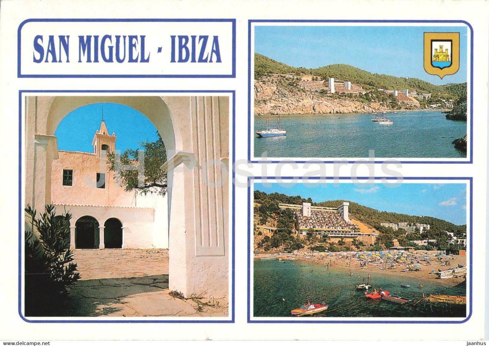 San Miguel - Ibiza - church - bay beach - boats - island - multiview - 681 - Spain - used - JH Postcards