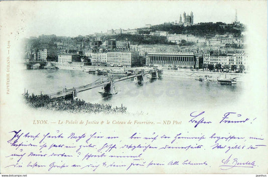 Lyon - Le Palais de Justice & le Coteau de Fourviere - city view - river - bridge -  old postcard - 1900 - France - used - JH Postcards