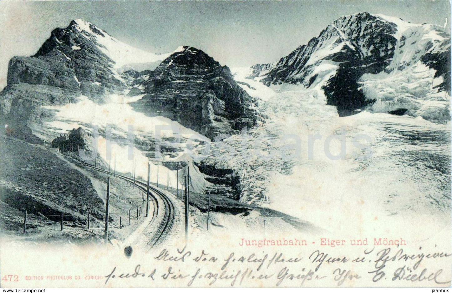 Jungfraubahn - Eiger und Monch - railway - glaciers - glacier - 472 - old postcard - 1900 - Switzerland - used - JH Postcards