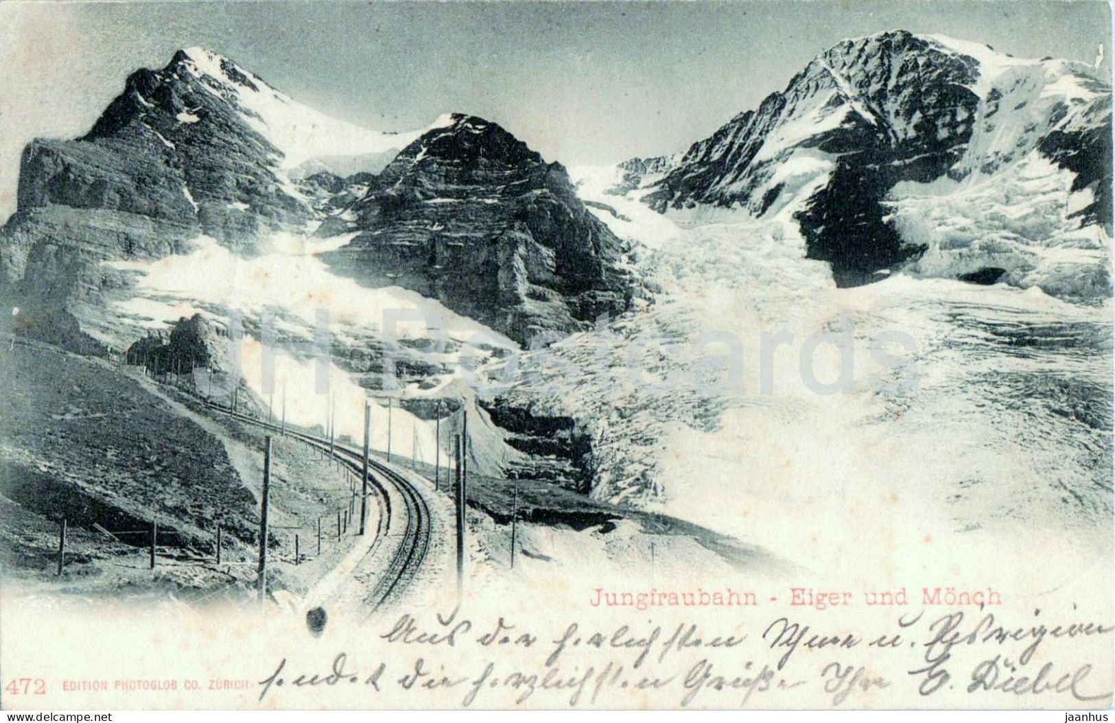 Jungfraubahn - Eiger und Monch - railway - glaciers - glacier - 472 - old postcard - 1900 - Switzerland - used - JH Postcards