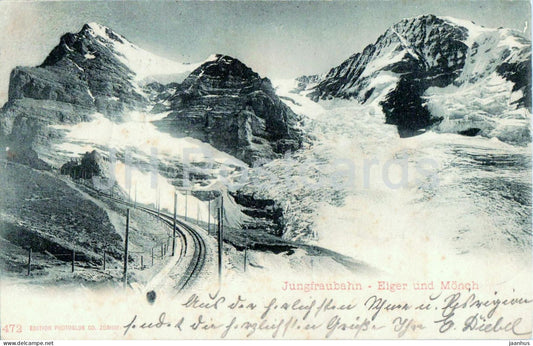 Jungfraubahn - Eiger und Monch - railway - glaciers - glacier - 472 - old postcard - 1900 - Switzerland - used - JH Postcards
