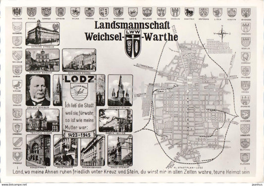 Lodz - Landsmannschaft Weichsel Warthe - historical map - 1010 - old postcard - Poland - unused - JH Postcards