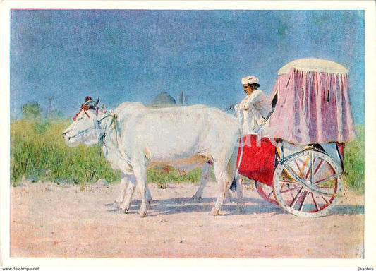 painting by V. Vereshchagin - Vehicle in Delhi - cow - animals - Russian art - 1975 - Russia USSR - unused - JH Postcards