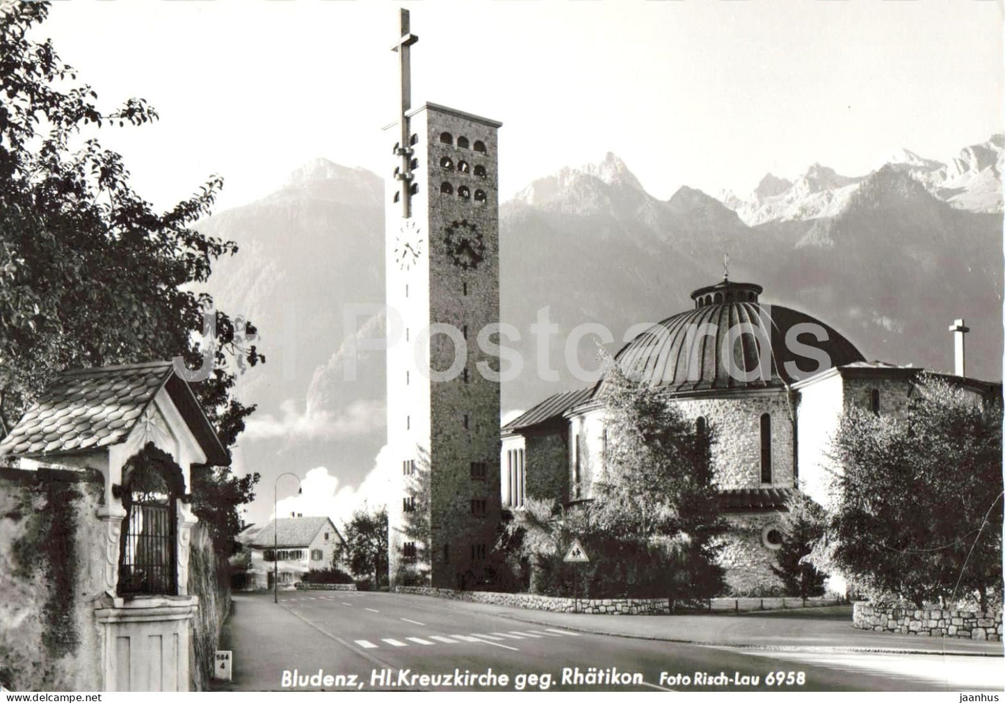 Bludenz Hl. Kreuzkirche geg. Rhatikon - church - town view - mountains - 6958 - old postcard - Austria - unused - JH Postcards