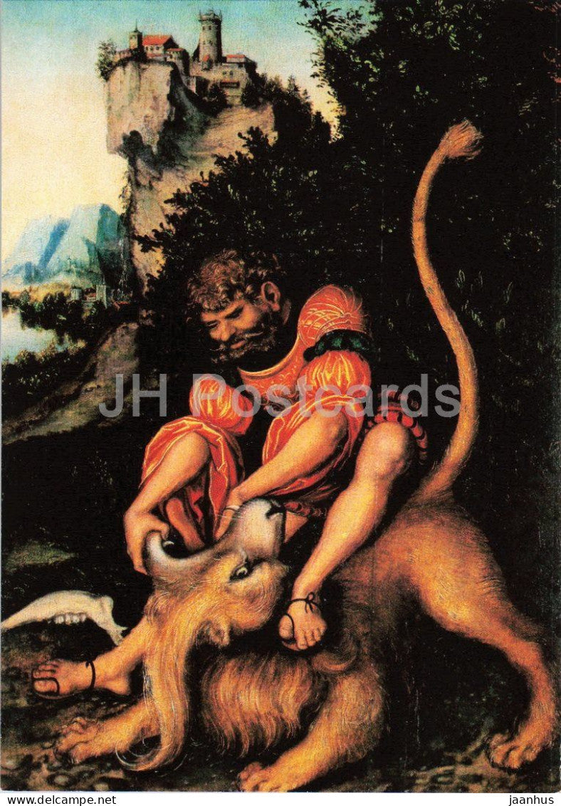 painting by Lucas Cranach the Elder - Samson and the Lion - Simson - lion - 1982 - Germany DDR - unused - JH Postcards